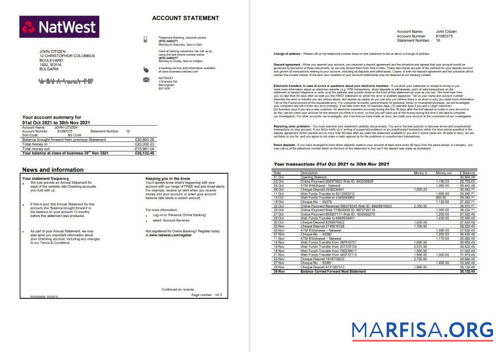 Downloadable United Kingdom NatWest bank account statement word 2 pages download for verification